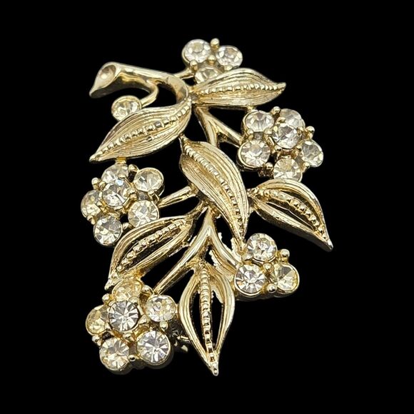Signed Silver Tone Lisner Brooch & Earring Set Leaf Stemmed Rhinestone Flowers - Picture 11 of 11